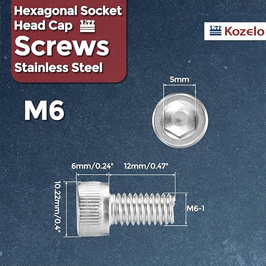 Kozelo 50pcs Socket Head Cap Screws - [M6-1 x 12mm] 304 Stainless Steel Allen Socket Drive for Electrical Motor 3D Printing Fan Engine Replacement Use, Silver