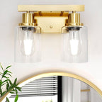 DIKAIDA 2-Light Brushed Gold Vanity Lights for Bathroom, Brushed Gold Bathroom Light Fixtures, Modern Vanity Lighting Over Mirror with Clear Glass Shade, Farmhouse Bath Wall Lamp for Mirror