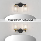PHIXART Bathroom Lighting Fixtures Black and Gold Bathroom Vanity Light with Cylindrical Clear Stripes Glass Lampshade E26 Socket Base Bathroom Lighting Fixtures Over Mirror (2 Lights)