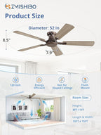 ZMISHIBO 52 Inch Ceiling Fan No Light, Flush Mount Low Profile, Farmhouse Brown Ceiling Fan Without Light, Remote Control & Quiet DC Motor, for Indoor&Outdoor, Bedroom, Living Room
