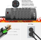 QINLIANF Surge Protector Power Strip - 6Ft Flat Plug Heavy Duty Extension Cord with 24 Outlets and 4 USB Ports(2 USB-C Ports), 1875W/15A, 4100J, for Home, Office, Dorm, ETL Listed, Black