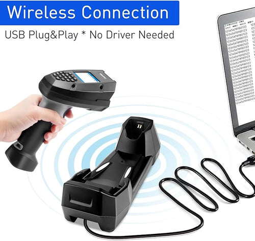 1D 2D Wireless Barcode Scanner, Onewscan Portable Inventory Scanner with Charging Base Data Collector Barcode Reader Data Terminal 2.4G Wireless & USB Connection Bar Code Scanners with 2" LCD Screen