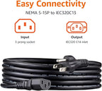 Amazon Basics PC Power Cord, 10 feet, 5-Pack, AC Power Cord for Monitor, Computer, TV, 3 Prong, 18 AWG, 125 Volts, Black