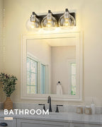 METWET Bathroom Light Fixtures, 3-Light Black and Brushed Nickel Bathroom Vanity Light, Modern Wall Sconces with Globe Clear Glass Shade, Vanity Lighting Fixtures Over Mirror, VL195-KN-3