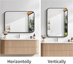 Bathroom Mirror, 18 x 24 inch Metal Framed Black Rectangle Mirror, Rounded Corner Rectangular Vanity Mirror, Wall Mounted Mirror for Modern Bedroom Living Room Hangs Horizontal or Vertical