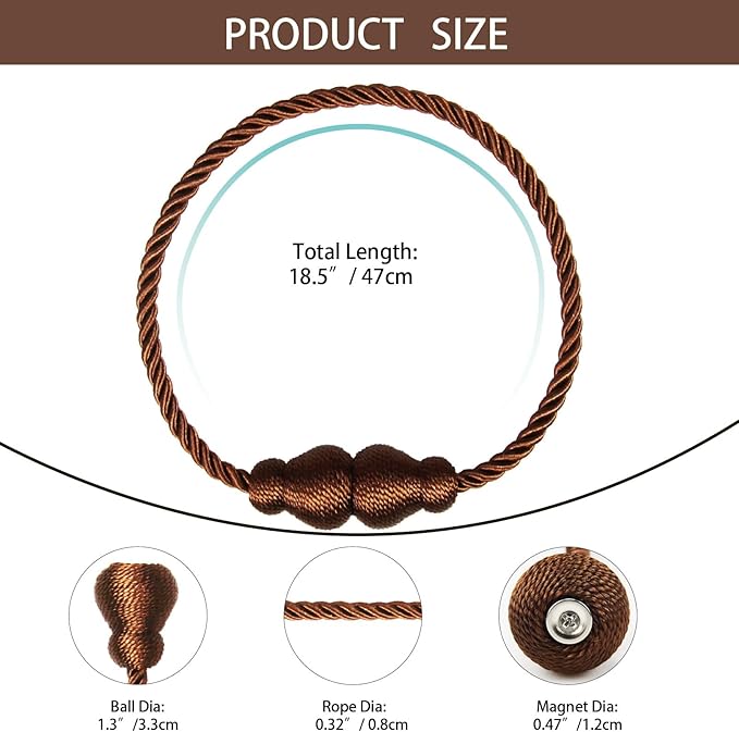 Nieffeiy Magnetic Curtain Tiebacks Outdoor Curtain Tie Backs Rope Decorative Magnetic Curtain Holders for Drapes Window Treatment Holdbacks, Coffee 4Pack