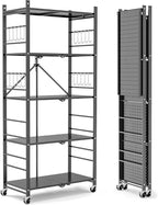 Himix Storage Shelves with 20 Hooks, 5-Tier Foldable Shelves for Storage, Folding Shelf Unit Pantry Shelves Bookshelf with Wheels, Vendor Display Racks for Craft Shows, Home, Grey - No Assembly