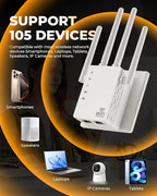 WiFi Extender, WiFi Extender Signal Booster Dual-Band(5.8G&2.4G) Wireless Repeater Coverage to 12880 sq. ft & 105 Devices, 1-Tap Setup, Supports Ethernet Port, Faster Speed