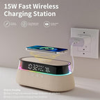 KUANGXIANG 6-in-1 Bluetooth Speaker Alarm Clock with Remote, 15W Fast Wireless Charger, FM Radio & Dimmable LED Night Light, Dual Digital Clock for Bedroom Home Office, Ideal for Him, Men Women
