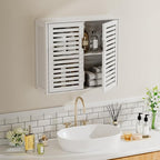 HITNET White Bathroom Cabinet Over Toilet, Bamboo Hanging Medicine Cabinet, Wall-Mounted Storage Organizer, Kitchen Cupboard with Double Doors and Adjustable Shelf