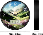 SCOAGE Digital Large Display Silent Wall Clock with Temperature Date Mountain Flowers Modern Non-ticking Battery Operated Mount Clocks Bathroom Kitchen Clock Farmhouse Living Room Office Decor 12 Inch