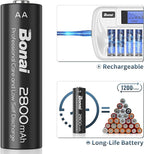 BONAI Rechargeable AA Batteries with Charger, 8+1 Bay Battery Charger with LCD Display for 1.2V NiMH AA AAA 9V, 2800mAh High Capacity Low Self Discharge- 8 Pack
