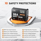 LiTime 30 Amp MPPT 12V/24V/Auto DC Input Solar Charge Controller Build-in Bluetooth Module, Parameter Adjustable LCD Display LED Indicators Solar Panel