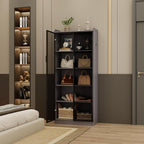 Dystler 65" Tall Display Cabinet with Doors, Lighted Bookcase with Lights/Human Sensor, 5 Tier Display Case with Adjustable Shelves for Collectibles Bedroom Living Room Office, Grey-Smoked Black Door