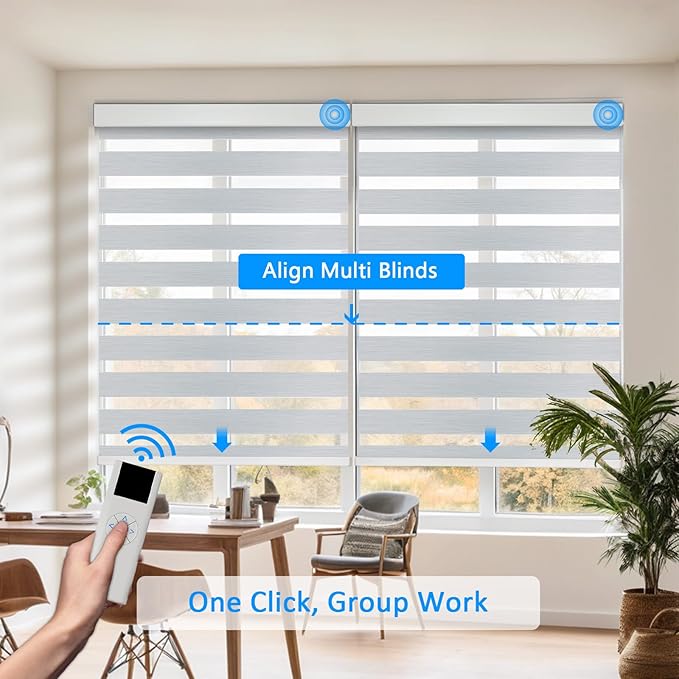 COOLWINDS Motorized Zebra Blinds for Windows Cordless Electric Curtains with Remote Control Blackout Shades Custom Smart Blinds Compatible with Alexa Google Home(95% Blackout Grey,W34 X 72in)