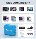 [2-Pack] USB C Wall Charger, 60W USB C Charger Block 5-Port PD Fast Charging Blocks,2USB C+3USB A Multiport Plug,Type C Power Adapter Brick Cube for iPhone17/16/15/14/Pro,iPad,Samsung,for Switch（Blue）