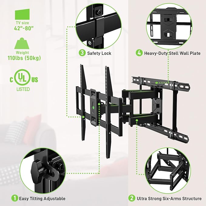 USX Mount UL Listed TV Wall Mount for 42"-85" TVS, Fits 16" 18" or 24" Studs, Full Motion TV Mount Swivel Tilt Extension TV Bracket with Dual Articulating Arms, Max VESA 600x400mm, Load 110lbs