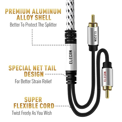 Elecan Premium RCA Cable 15 Ft (Hi-Fi Sound-16 AWG-Shielded) 2 RCA Male to 2 RCA Male Stereo Audio Cable, Gold Plated-Aluminum Alloy Shell-Pure Copper-Braided RCA Cord for Home Theater Speakers + Ties