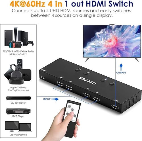 4K@60Hz 4 in 1 Out HDMI Switch, 4 Port HDMI Switcher Selector Support HDR10 & HDCP 2.2 & Full 3D with IR Remote Control Compitable with Nintendo Switch,Xbox PS5/4,Fire Stick,Roku,Apple TV for Gaming