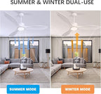 revoici 52 Inch White Ceiling Fan with Lights and Remote, Retro White Wood Low Profile Flush Mount Modern Ceiling Fan for Indoor Farmhouse Bedroom Living Room Outdoor Patio Porch, Reversible DC Motor