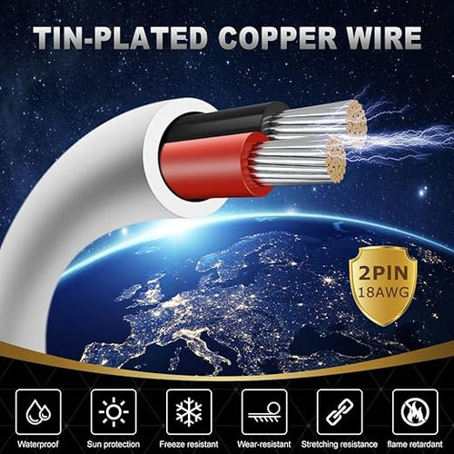 18 Gauge 2 Conductor Electrical Wire, 65.6FT White Stranded Low Voltage 18/2 PVC Case, 18 AWG Tinned Copper 2 Wire Extension Power for Strips LED Lamp Lighting