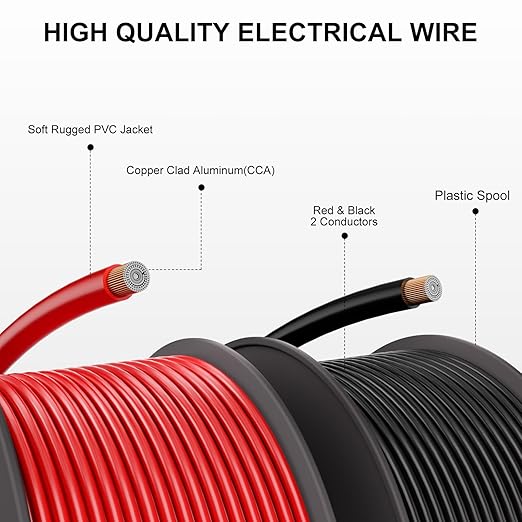 12 Gauge Electrical Wire 2 Pack Total 60ft-Black 30 ft and Red 30 ft Soft Flexible Copper-Clad Aluminum(CCA) 12 AWG PVC Wire for Lamp, Household Appliances RC Toys, Models, Auto, Electronics