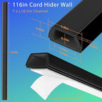 YCLYC Wall Cable Hider Kit, 116in TV Wire Hider for Wall, Paintable Cord Hider Wall, Cord Organizer Hide 1-2 Cords Wall Mounted TV, Wire Cover for Wall, Cord Concealer 7XL16.5 W0.86 H0.43in, Black