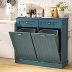 Tilt Out Trash Cabinet with Double Hidden Trash Can Holder, Kitchen Free Standing Recycling Cabinet,Dog Proof Trash Can,Wood, Teal