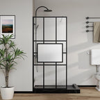 Goodyo 34” X 72” Glass Shower Door Fixed Framed Shower Screen Tempered Glass Panel for Walk-in Shower Room, Grid Pattern, Middle Frosted Glass, 3-Pieces Glass, Matte Black Finish