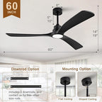 Gaizw Ceiling Fans with Lights, 60 Inch Ceiling Fan with Light and Remote Control, Quiet DC Motor 3 Blade Ceiling Fan for Farmhouse Living Room Bedroom Office Indoor Outdoor(Black Fan)