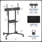 VIVO Mobile TV Cart for 55 to 100 inch Screens up to 165 lbs, LCD LED OLED 4K Smart Flat and Curved Panels, Rolling Stand with Laptop DVD Shelf, Locking Wheels, Max VESA 800x600, Black, STAND-TV100E