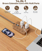 Walnut Power Strip with USB Ports - 10 FT Wood Power Strip, 1625W Decorative Extension Cord with 6 AC Outlet 3 USB, for Brown Tan Wood Walnut Grain Aesthetic Vintage Rustic Desk Accessories Decor