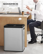 SONGMICS 2 x 6.6 Gallon Open Top Trash Can, Dual Compartment Garbage Can for Waste and Recycling, Stainless Steel, Trash Bin for Office, Restaurant, Commercial Use, Metallic Silver ULTB710E50