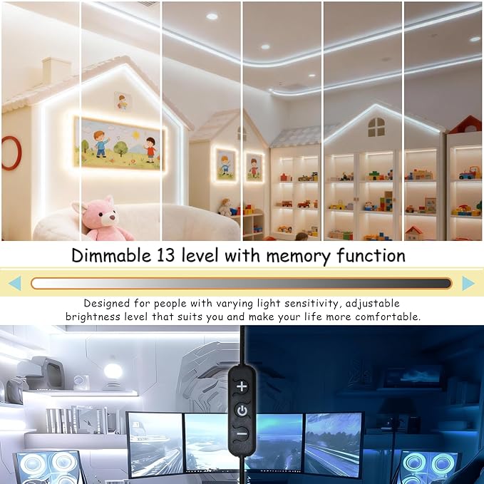 Aalnfe 10Ft Rope Light Indoor Tape Lights LED Strip Lights for Vanity Mirror Bedroom with Dimmer Control for Kitchen, Cabinet, Shelf, Super Bright Flexible Cuttable Under Cabinet Lighting Counter