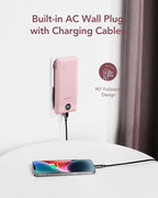VEGER Portable Charger with Built-in AC Plug and Cables, All in One 10000mAh Ultra Slim Power Bank Travel Essentials, 15W Fast Charging Battery Pack Compatible with iPhone, Samsung, Android (Crepe)