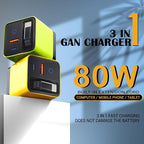80W GaN Fast Charger with Retractable USB-C Cable 3-in-1 Wall Charger Block with Built-in Type-C Cord & 2 USB Ports, PD 3.0 & QC 4.0 Fast Charging for iPhone 15/16/17, Samsung Galaxy, Pixel, iPad G