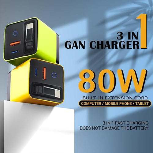 80W GaN Fast Charger with Retractable USB-C Cable 3-in-1 Wall Charger Block with Built-in Type-C Cord & 2 USB Ports, PD 3.0 & QC 4.0 Fast Charging for iPhone 15/16/17, Samsung Galaxy, Pixel, iPad G