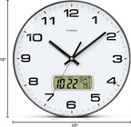 TIMESS Wall Clock, 10" Dial Non-Ticking Silent Battery Operated Analog with LCD Display for Perpetual Calendar and F° Temperature, Ideal Modern Home, Bedroom, Kitchen, Office Decor (Black)