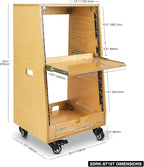 Sound Town DIY Slanted 16U Studio Rack (8U Top + 8U Lower), with 2U Bottom Storage, Slide-Out Tray, Caster, Plywood, Golden Oak For Recording Room, Home Studio (SDRK-ST16T)
