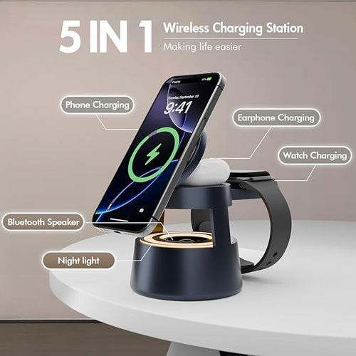 5 in 1 Magnetic Wireless Charger Bluetooth Speakers and Night Light for Apple Mag Safe iPhone 17 16e 16 15 14 13 12 Pro Max iWatch and AirPods Fast Charging Station Gift Ideal for Men Teenage Boys