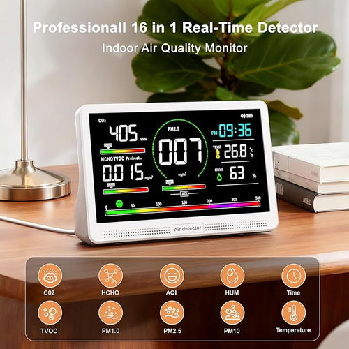 16 in 1 Air Quality Monitor Indoor 7" Display 9 AQI+7 AQI Alerts,Portable Air Quality Tester CO2, TVOC, PM2.5 PM1.0 PM10, HCHO Temperature Humidity AQI & Time Air Quality Meter for Home