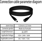 5.5mm x 2.1mm 3.3FT DC Power Extension Cable Male to Female 12V/24V 14AWG DC Connection Cable for CCTV Surveillance Camera Amplifiers LED Strip Lights Solar Panels Energy Storage Power Supply 2 pcs