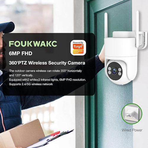 6MP TUYA Security Camera Outdoor, 2.4G/5G WiFi Cameras for Home Security 24/7 Recording, Pan-Tilt 360° View, Color Night Vision,Two-Way Audio, Auto Tracking & Light Alarm, Plug-in cam, Cloud/SD/IP66