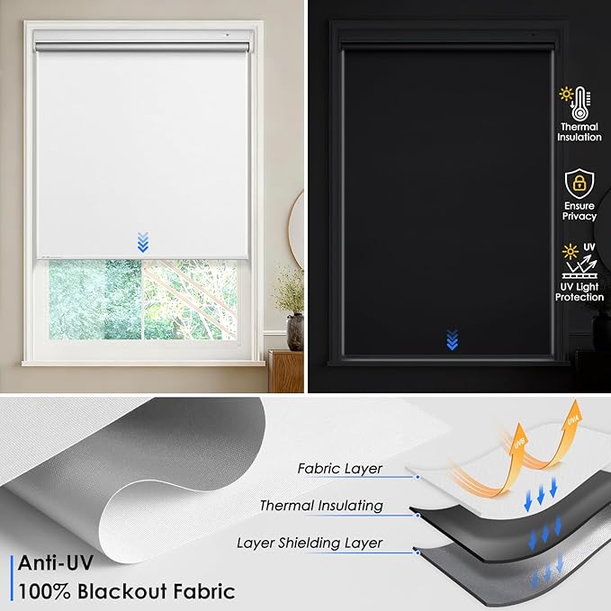 Motorized Blackout Smart Roller Blinds with Remote Control & Solar Panel - Automatic Electric Shades for Windows, Compatible with Alexa - White,29" W*72" H