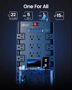 Power Strip Surge Protector, SUPERDANNY 15Ft Long Extension Cord with 6 USB Charging Ports and 22 AC Outlets, 1875W/15A, 2100 Joules, Flat Plug Power Outlet for Home, Office, Dorm, Gaming Room, Black