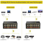 PROZOR 4-Way Stereo L/R Sound Channel Bi-Directional Audio Switcher, 2 in 4 Out or 4 in 2 Out Audio Switch Splitter with Off Button and No External Power Required for DVD Stereo Speaker CD Player