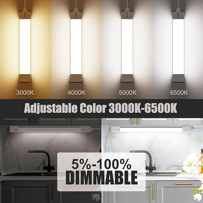 ONIDEK Under Cabinet Lights with Plug. 3000K-6500K Dimming and Color. with Wireless Control Panel and Remote Control.18W 1800LM for Garage, Kitchen, Bathroom, Closet, Office (24 inch)