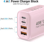 TT&C USB C Block 40W, 4 Ports Wall Plug Fast Charging Block, PD+QC Multiport Power Adapter USB C Charger Type C for iPhone 17, 17 Air, 17 Pro, 17 Pro Max, 16,15,14,13,12, Galaxy Phones (Pink 1Pack)