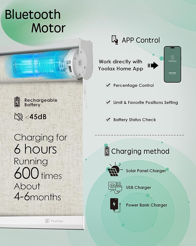 Yoolax Motorized Blinds App Control, Light Filtering Motorized Shades for Windows, Cordless Automatic Roller Shades for Bedroom Living Room Office(Light Filtering Linen Beige, 42" W x 72" H)
