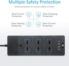 European Power Strip, Jumpso Universal Power Strip with 6 AC Outlets and 4 USB Ports, 110-240v, 3000w 6ft Extension Cord with EU Plug, Outlet Extender Plug Adapter for Overseas Travel Essentials